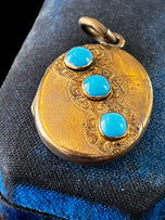 Antique Engraved / Etched Brass Locket With Persian Turquoise Coloured Glass Locket
