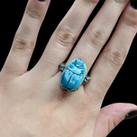 Sterling Silver & Faience Scarab Beetle Swivel Ring Egyptian Revival Size 8