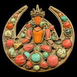 Antique 19th Century Brass Tibetan Goddess Buddha Brooch With Coral & Turquoise