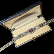 Art Deco Filigree Panel Link Bracelet with Purple Glass Sterling Silver