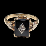 10K White and Yellow Gold, Onyx, and Diamond Signet Style Ring Size 6