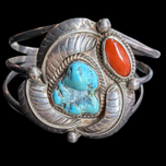 Sterling Silver, Turquoise & Coral Cuff Bracelet By Navajo Artist James McCabe