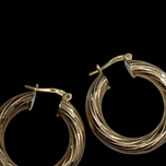14K Yellow Gold Large Etched Hollow Hoop Earrings