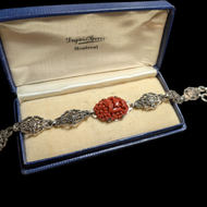 Art Deco Carved Glass & Marcasite Panel Link Bracelet Sterling Silver