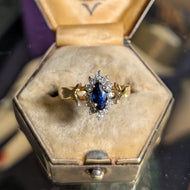 14K Yellow Gold Marquise Cut Sapphire and Diamond Halo Ring Size 3 1/2
