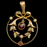 Antique Edwardian 9CT Gold Bow Topped Gold Almandine Garnet & Seed Pearl Lavalier Drop Pendant