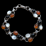 Vintage Sterling Silver Bracelet: Amber, Onyx, Mother of Pearl