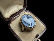 10K Yellow Gold Carved Blue Agate & Onyx Cat Cameo Ring Size 6 1/2