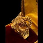 9K Yellow Gold Ram Head Aries Sign With Ruby Eyes Statement Ring