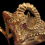 9K Yellow Gold Ram Head Aries Sign With Ruby Eyes Statement Ring