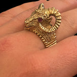 9K Yellow Gold Ram Head Aries Sign With Ruby Eyes Statement Ring