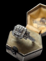 14K White Gold Round Brilliant & Baguette Cut Natural Diamond Cluster Ring Size 5