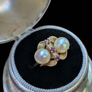 14K Ruby and Cultured Pearl Unique Setting Vintage Ring