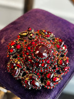 Large Antique Bohemian Rose Cut Garnet Silver Gilt Domed 3-D Brooch