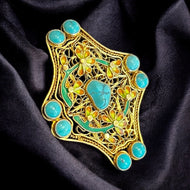 Sterling Silver Vermeil Art Nouveau Filigree, Enamel & Turquoise Brooch