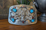 Vintage Southwestern Turquoise & Coral Chief Belt Buckle With Buffalo Nickels