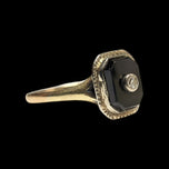 Art Deco 10K Yellow Gold Square Cut Onyx and Diamond Inlay Ring Size 5 3/4