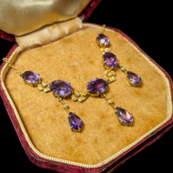 Antique Edwardian / Art Nouveau 10K/14K Yellow Gold Filigree Flower Necklace with Seed Pearls and Amethyst