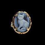 10K Yellow Gold Carved Blue Agate & Onyx Cat Cameo Ring Size 6 1/2