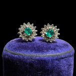 10K White Gold Emerald & Diamond Cluster Screw Back Stud Earrings