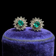 10K White Gold Emerald & Diamond Cluster Screw Back Stud Earrings