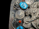 Vintage Southwestern Turquoise & Coral Chief Belt Buckle With Buffalo Nickels