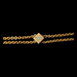 Antique Victorian Gold Filled Slider Watch Fob Chain with Turquoise & Seed Pearls 33"