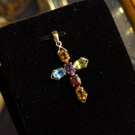 14K Yellow Gold Multi Gemstone Cross Pendant
