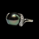 14K White Gold Diamond & Tahitian Black Pearl Ring Size 5 3/4