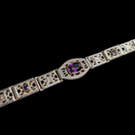 Art Deco Filigree Panel Link Bracelet with Purple Glass Sterling Silver