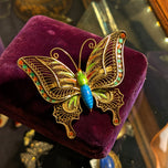 Large Silver Vermeil Chinese Export Enamel Filigree Butterfly Brooch / Pendant