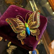 Large Silver Vermeil Chinese Export Enamel Filigree Butterfly Brooch / Pendant