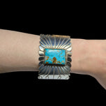 Elisabeth Guerro Native American Navajo Natural Turquoise Silver Cuff with Etching