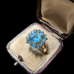10K Yellow Gold Emerald Cut Blue Topaz Cocktail Ring Size 7 3/4
