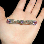Edwardian / Deco Sterling Silver Filigree Bar Brooch with Marcasite & Amethyst