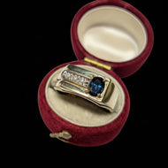 10K Yellow Gold Flat Face Bezel Set Sapphire & Diamond Ring Size 6 3/4