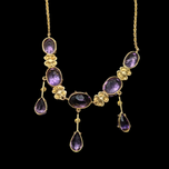 Antique Edwardian / Art Nouveau 10K/14K Yellow Gold Filigree Flower Necklace with Seed Pearls and Amethyst