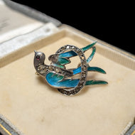 Antique Sterling Silver & Paste Enamel Swallow Bird Brooch