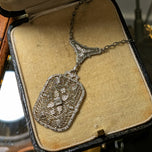 Antique Edwardian / Art Deco Silver Lavaliere Necklace With Paste Stone