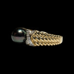 14K Yellow Gold Diamond & Black Tahitian Pearl Ring Size 5.5