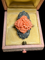 Art Deco Sterling Silver Carved Coral and Marcasite Filigree Ring Size 4