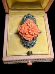 Art Deco Sterling Silver Carved Coral and Marcasite Filigree Ring Size 4