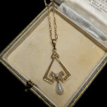 Antique 10K Yellow Gold Arts & Crafts Era Lavalier Necklace with Seed Pearls