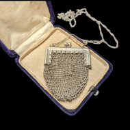 Antique German Silver Chain Mail Purse / Bag on Sterling Silver Chain Necklace