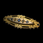 Antique 9K Victorian Era Blue Garnet-Topped Doublet & Seed Pearl Etruscan Mourning Brooch