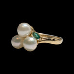 14K Yellow Gold Cultured Pearl & Emerald Cluster Ring Size 7.5