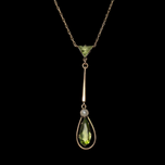 Edwardian 9CT Gold Peridot and Seed Pearl Lavalier Necklace