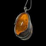 Large Sterling Silver Amber Pendant with Feather Casing