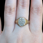 9K Gold and Diamond Cluster Signet Style Vintage Ring Wood Grain Design