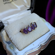 10K Yellow Gold 4 Stone Amethyst & Diamond Band Ring